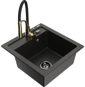 Mexen Vito, 1-komorový granitový drez 490x520x210 mm a drezová batéria Aster, čierna-zlatá metalíza, 6503-75-73450-57-B
