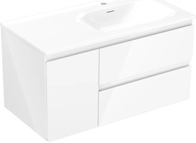Mexen Orio, kúpeľňová skrinka 90 cm s pravým umývadlom Vela, 2S, 1D, biela lesklá, 91A13-09047-3-BBFFF00-W23P00
