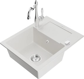 Mexen Enzo, granitový drez 576x465x174 mm, 1-komorový a drezová batéria Carla, biela, 6506-20-670700-00