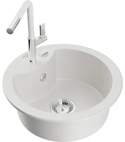 Mexen Diego, 1-komorový granitový drez 488x488x167 mm a drezová batéria Flora, biela, 6512-20-670401-02