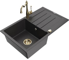 Mexen Bruno, granitový drez 795x495x200 mm, 1-komorový a drezová batéria Carla, čierna škvrnitá, 6513-76-670700-50