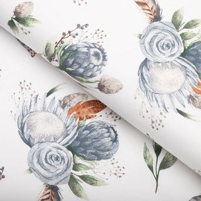 Biante Bavlnený behúň na stôl Sandra SA-707 Modré kvety Protea na bielom 35x180 cm