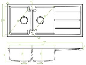 Kuchinox Laveo Canaria, 2-komorový granitový drez 1160x500x207 mm, béžová, LAV-SPC_421T