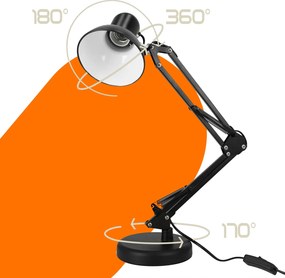 Smart LED Čierna kovová stolná lampa nastaviteľná s klipom 1xE27