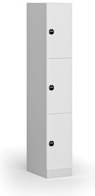 Šatníková skrinka s úložnými boxmi, 3 boxy, 1850 x 300 x 500 mm, demont, zámok s čítačkou RFID kariet, laminované dvere, biela