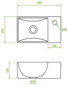 Laveo Kvadrato, keramické umývadlo 355x210x130 mm, pravé, biela lesklá, LAV-VUK_6135