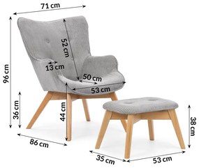 Sivé menčestrové kreslo s podnožkou Niko – Ropez