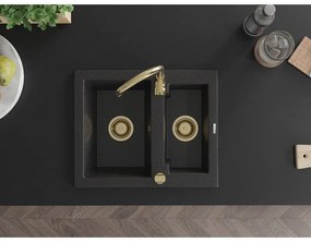 Mexen Carlos, granitový drez 582x475x177 mm, 1,5-komorový, čierna-strieborná metalíza so zlatým sifónom, 6518581500-73-G