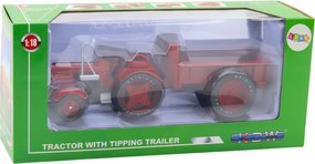 LEAN Toys Kovový poľnohospodársky traktor s prívesom, červený, v mierke 1:18