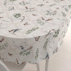 Biante Bavlnený oválny obrus Sandra SA-490 Lastovičky s motýlikmi na béžovom ornamente 120x140 cm