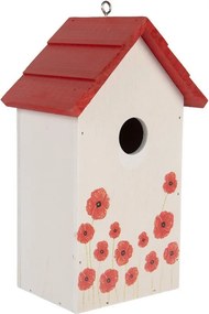Bielo-červená drevená vtáčia búdka s vlčími makmi Birdhouse - 15*10*22 cm