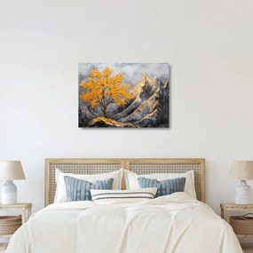 Sklenený obraz – Zlatý strom v horách (70x50 cm)