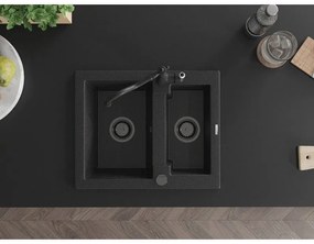 Mexen Carlos, granitový drez 582x475x177 mm, 1,5-komorový a drezová batéria Carla, čierna-strieborná metalíza, 6518-73-670700-70-B