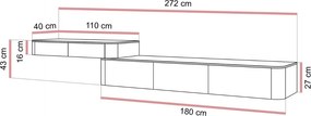 ZÁVESNÝ TV STOLÍK ZOSTAVA LEVANTE KAŠMÍR ZLATÉ ÚCHYTKY 272 cm