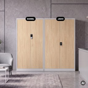 Kovová kancelárska skriňa so zámkom na kód sivá, dub sonoma, 900x1850x400 mm: DANIEL Eco Design