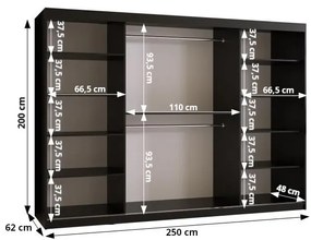 Šatníková skriňa so zrkadlom 250 cm Riana Slimo 2 250 (čierna + biela matná). Vlastná spoľahlivá doprava až k Vám domov. 1063654