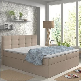 Čalúnená posteľ EMBER 160x200 cm s matracmi, topperom a úložným priestorom, béžová
