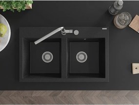 Mexen Hektor, 2-komorový granitový drez 800x480x205 mm, čierna-strieborná metalíza, chrómový sifón, 6521802000-73