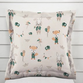 Biante Detská bavlnená obliečka na vankúš s lemom Sandra SA-701 Zajačiky a líšky s balónikmi - zelené na svetlo béžovom 50 x 50 cm