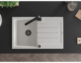 Mexen Bruno, drez granitový 795x495x200 mm, 1-komorový, biela s čiernym sifónom a čierna drezová batéria Rita, 6513-20-670300-70
