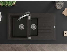 Mexen Matias, granitový drez 900x505x200 mm, 1,5-komorový a drezová batéria Aster, čierna-zlatá metalíza, 6502-75-73450-07