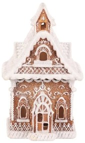 Vianočná dekorácia Perníkový domček so zasneženou strechou, polyresin, LED, hnedá