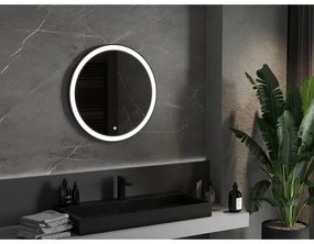 Mexen Esso, okrúhle LED podsvietené kúpeľňové zrkadlo 70 cm, 6000K, vykurovacia podložka proti zahmlievaniu, čierny rám, 9825-070-070-611-70