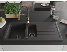 Mexen Andres, 1,5-komorový granitový drez 1000x500x200 mm a drezová batéria Aster, čierna škvrnitá, 6515-76-73450-57-B