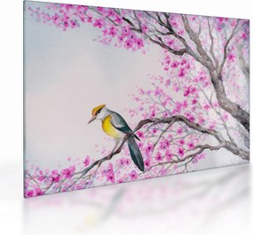 Sklenený obraz - Vtáčik na strome s ružovými kvetmi (70x50 cm)