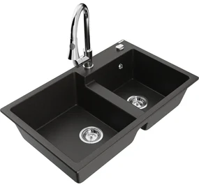 Mexen Tomas, 2-komorový granitový drez 800x500x190 mm a drezová batéria Elia, čierna-zlatá metalíza, 6516-75-670101-00