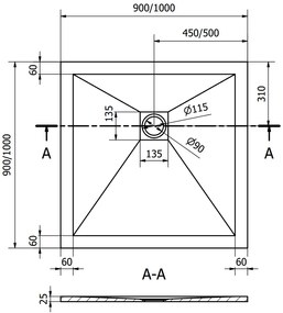 Mexen Stone+, štvorcová vanička z minerálneho kompozitu 100 x 100 cm, biela, zlatá lesklá krytka, 44101010-G