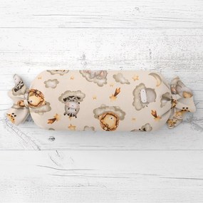 Biante Detský vankúš valec bonbon Sandra SA-534 Africké zvieratká na obláčikoch na sivobéžovom 15x40 cm