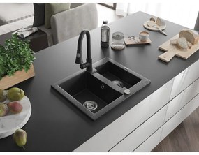 Mexen Carlos, 1,5-komorový granitový drez 582x475x177 mm a drezová batéria Elia, čierna-strieborná metalíza, 6518-73-670101-70