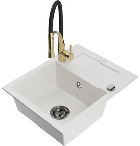 Mexen Enzo, 1-komorový granitový drez 576x465x174 mm a drezová batéria Aster, biela, 6506-20-73450-57-B