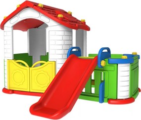 Ramiz Detský záhradný domček 3 v 1 Červený + šmykľavka + záhrada s plotom