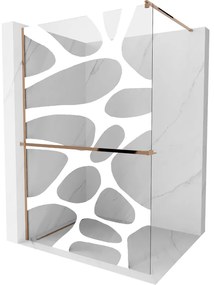 Mexen Kioto, sprchová zástena s poličkou a držiakom na uteráky 120 x 200 cm, 8mm číre sklo s bielym vzorom, profil ružové zlato, 800-140-121-60-97