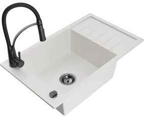 Mexen Elias, 1-komorový granitový drez 795x480x200 mm a drezová batéria Aster, biela, 6511-20-73450-70-B