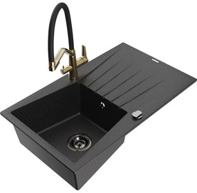 Mexen Cesar, 1-komorový granitový drez 775x470x190 mm a drezová batéria Duo, čierna-strieborná metalíza, 6514-73-671701-57-B