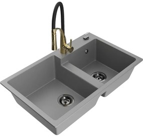 Mexen Tomas, 2-komorový granitový drez 800x500x190 mm a drezová batéria Aster, šedá, 6516-71-73450-57-B