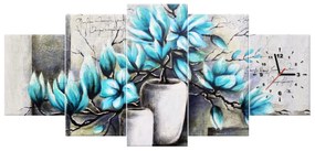 Gario Obraz s hodinami Modré magnólie vo vázach - 5 dielny Rozmery: 150 x 105 cm