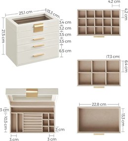 Šperkovnica 4-úrovňová, so skleneným vekom a 3 zásuvkami, biela a zlatá