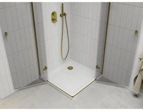 Mexen Roma Duo, sprchový kút 90 (dvere) x 90 (dvere) cm, 6mm číre sklo, zlatý profil + slim sprchová vanička 5cm biela + zlatý sifón, 854-090-090-50-02-4010G