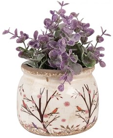 Béžový keramický obal na kvetináč s kvetmi a vtáčikmi Birdie S - Ø 12*10 cm