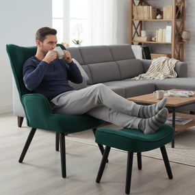 Kreslo ušiak CORDU + taburet — masív, manšestr, čierna / zelená