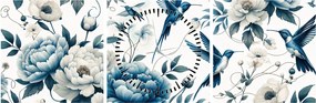 Obraz - Kolibríky s kvetmi (s hodinami) (90x30 cm)
