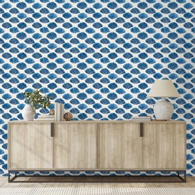 Samolepiaca tapeta modré mušle na bielom pozadí