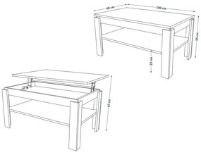 Rozkladací konferenčný stôl so zvíhacou doskou a poličkou ADEN šedá betón/biela