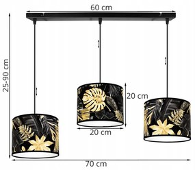 Závesné svietidlo Gold Flowers, 3x čierne textilné tienidlo s kvetinovým vzorom