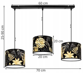 Závesné svietidlo Gold flowers, 3x čierne textilné tienidlo s kvetinovým vzorom