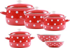 BELIS súprava smaltovaných hrncov červených s bielymi bodkami, 10 ks
